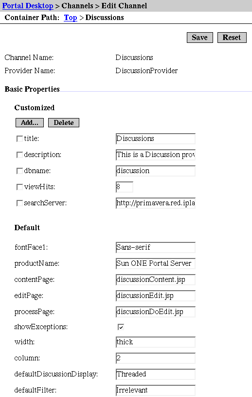 Screen shot of the administration interface for editing the Discussions channel.