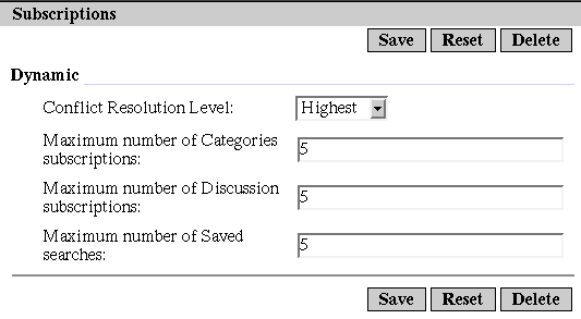 Screen shot of the administration interface for administering Subscriptions service at the organization level.