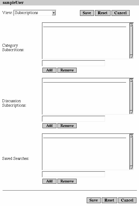 Screen shot of the administration interface for administering the Subscriptions service for the user.