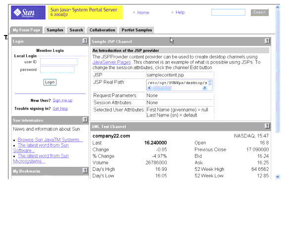 This figure shows the Sun ONE Portal Server sample Desktop.