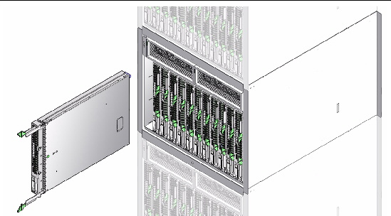 Figure shows the Sun Blade T6340 server module with the chassis.