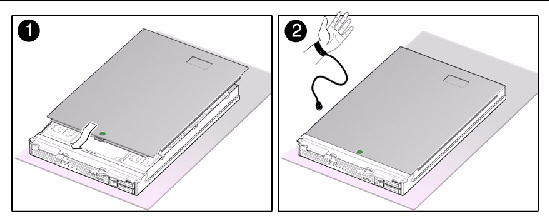 Figure shows the server module on antistatic mat, hand with antistatic wrist strap, and cover being replaced.