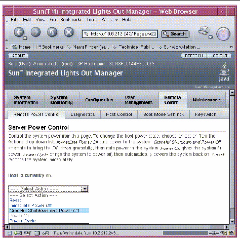 Figure shows ILOM Server power control menu options.