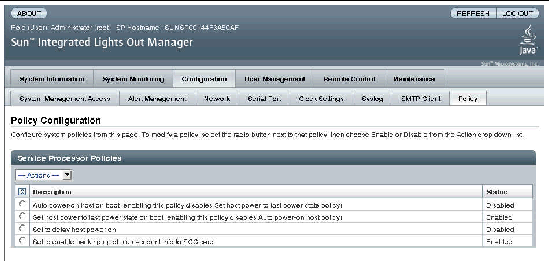 Screen capture of the ILOM web interface, showing the Policy Configuration fields.