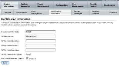 Screen shot of the ILOM web interface, showing the identification information fields.