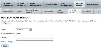 Screen shot of the ILOM web interface, showing the Host Boot Mode fields.