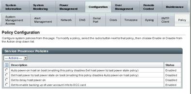 Screen shot of the ILOM web interface, showing the policy configuration screen.