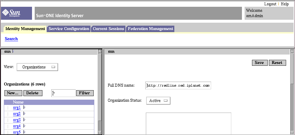 The Identity Server Console.  Top frame - Location Pane, Left Frame - Navigation Pane, Right Frame - Data Pane