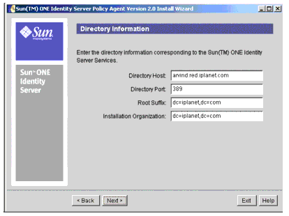 Sun ONE Application Server に関連づけられたディレクトリサーバに関する情報を入力しています。