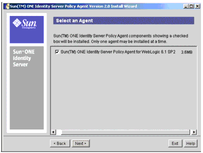 Sun ONE Identity Server ポリシーエージェントのコンポーネント選択画面
