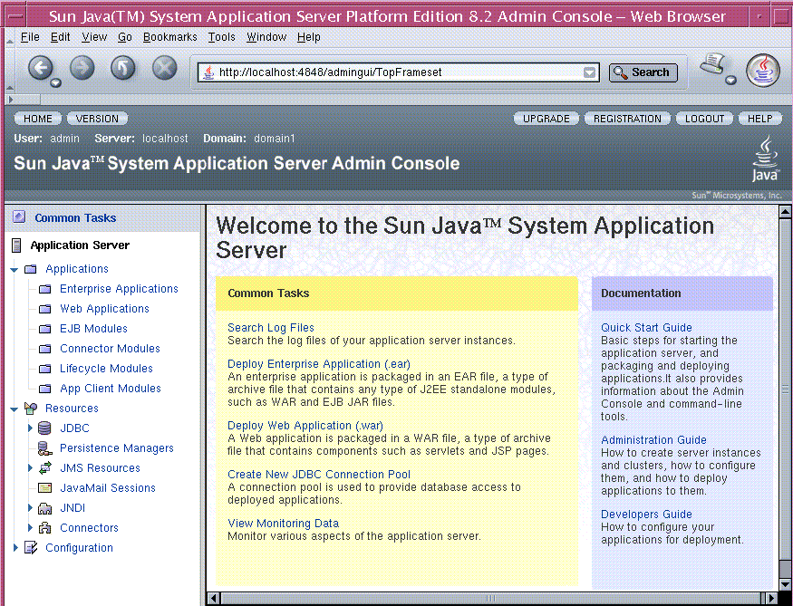 Admin Console home page. Left pane shows server tree
and right pane shows common tasks and product information links.