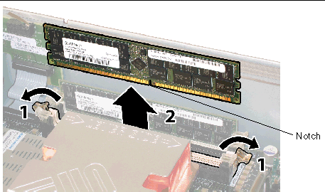 Removing a DIMM after opening the memory slot's ejector levers. The alignment notch on the center bottom edge of the DIMM is called out.