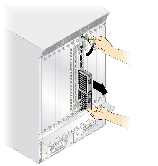 Figure showing the removal of the Sun Netra CP32x0 advanced rear transition module.
