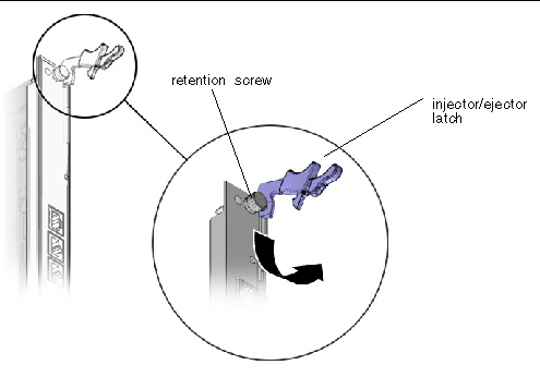 Figure showing the injector/ejector latch and lock screw on the Sun Netra CP32x0 advanced rear transition module.