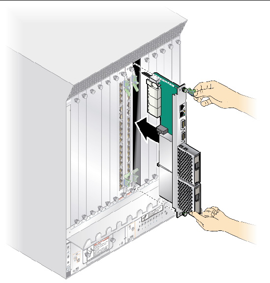 Figure showing the installation of the Sun Netra CP32x0 advanced rear transition module HD.