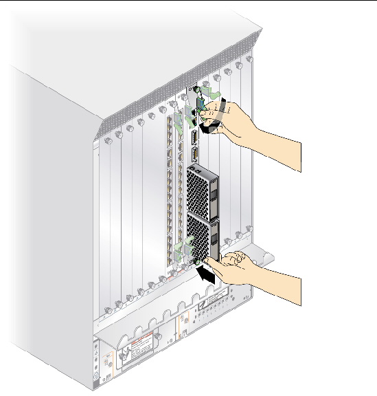 Figure showing the installation of the Sun Netra CP32x0 advanced rear transition module as you press the injector/ejector latch down to seat the module.