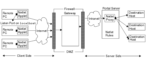 This figure illustrates the various components involved in a Netlet operation. See the description following the figure for a description of all the entities.