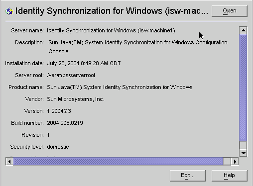 Information panel provides information about this Identity Synchronization for Windows installation and your system.