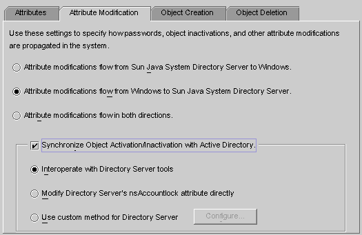 Specify how attribute and password changes will flow between Sun and Windows systems, synchronize inactivations, and specify inactivation methods.