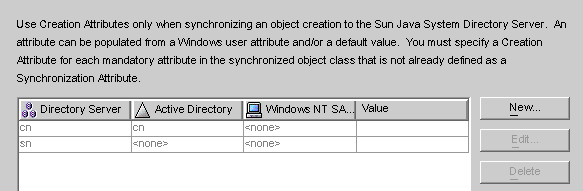 Use this dialog box to map Active Directory creation attributes to Directory Server.