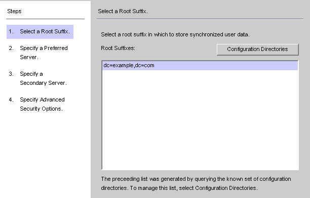 Use this panel to specify a root suffix.