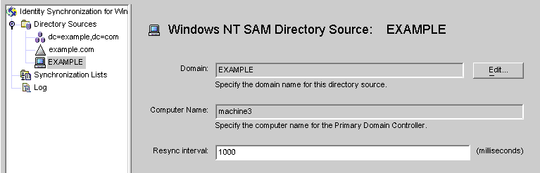 Use the Windows NT SAM Directory Source panel to edit the domain name or change the resync interval.