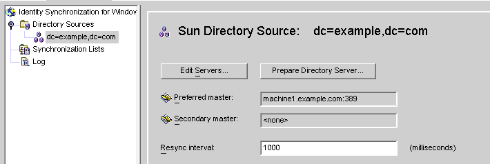 Sun Directory Source panel provides information about the selected directory source.