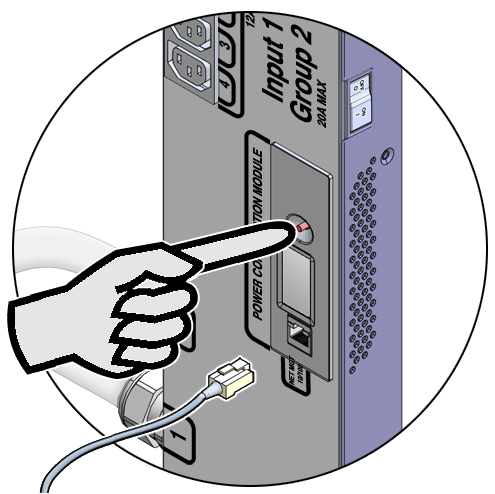 image:Figure showing how to press the PDU reset button and connect an                                 Ethernet cable to the PDU.
