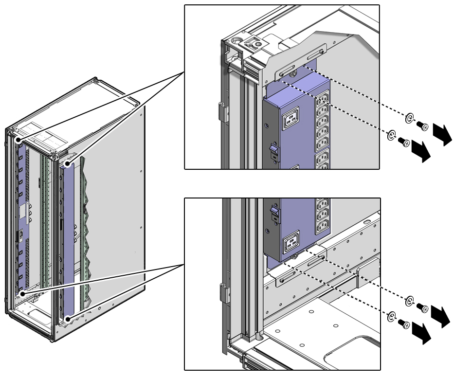 image:Figure showing how to secure the PDU to the mounting brackets                                 using the 4 shipping screws.
