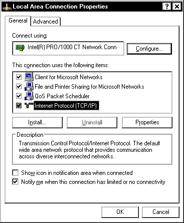 image:Figure showing a Windows XP Local Area Connection Properties                                 window.