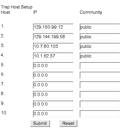 image:Figure showing how to input SNMP host IP addresses and                                 communities and set trap values.