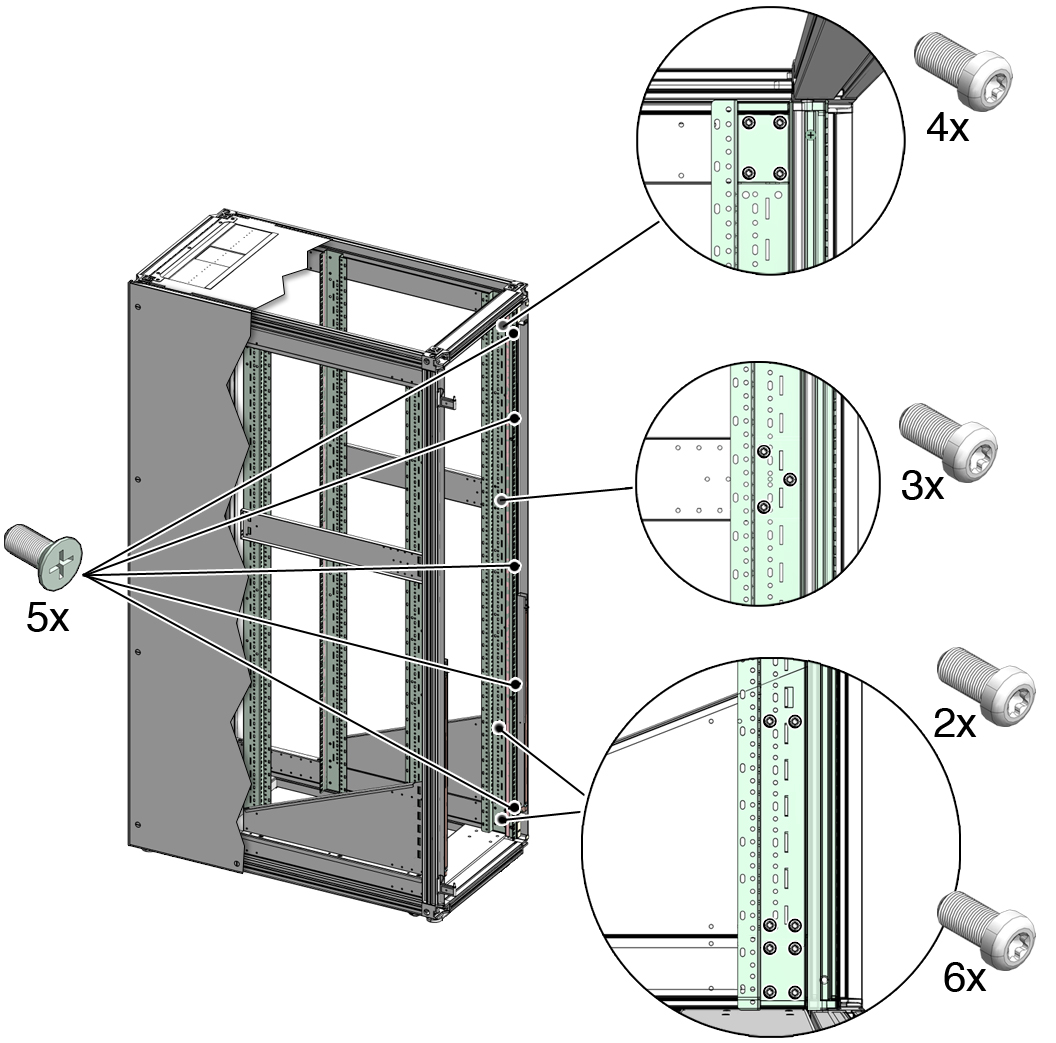 image:Figure showing how to remove the screws securing the front RETMA rails.