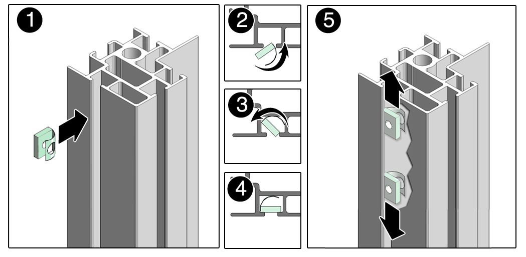 image:Figure showing how to install a spring nut into the rack frame.