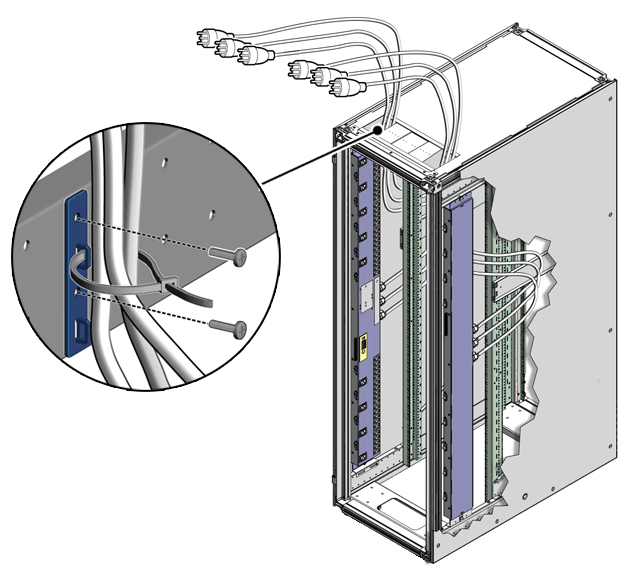 image:Figure showing how to route and secure the standard PDU power lead cords down through the top of the rack.