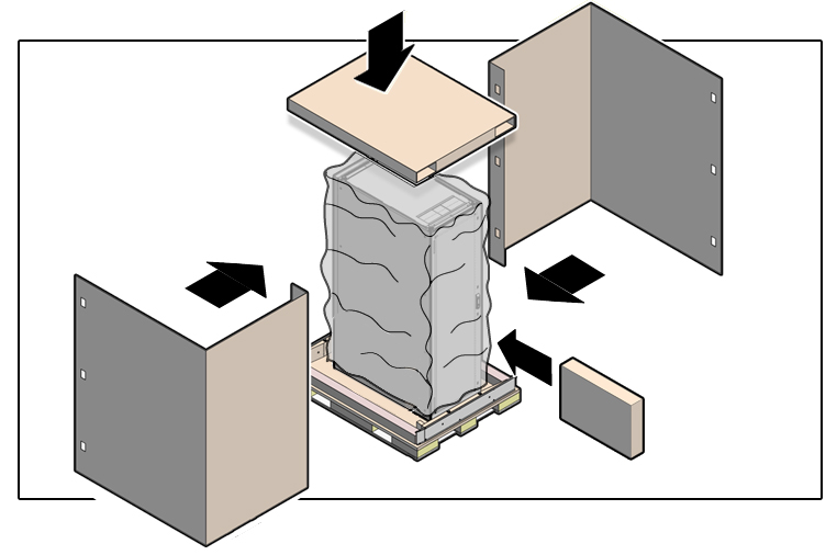 image:Figure showing how to install the cardboard top spacer, accessory box, and cardboard sleeves.