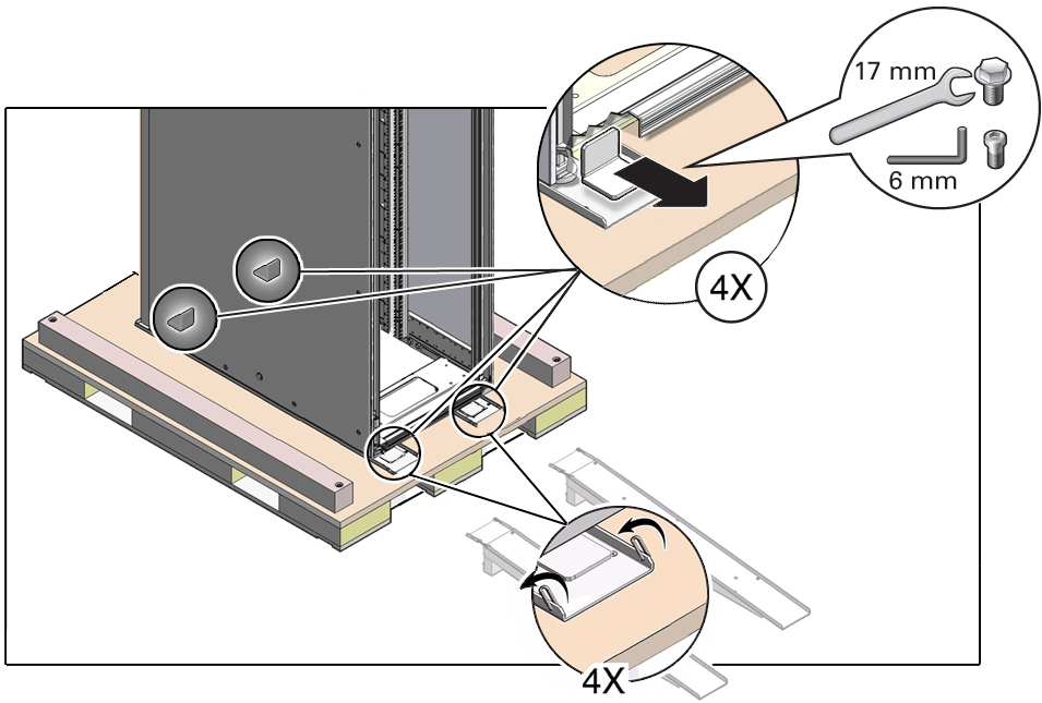 image:Figure showing how to secure the rack to the pallet using the mounting brackets.