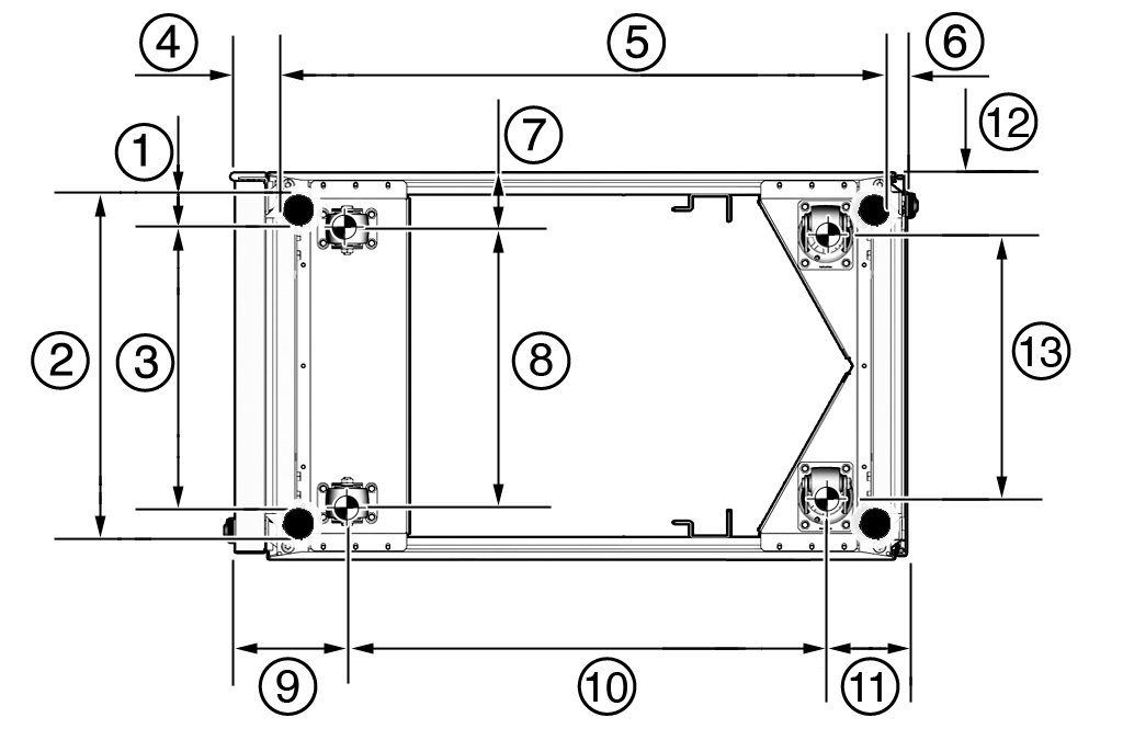 image:Figure showing the Sun Rack II 1042 leveling feet and casters dimensions.