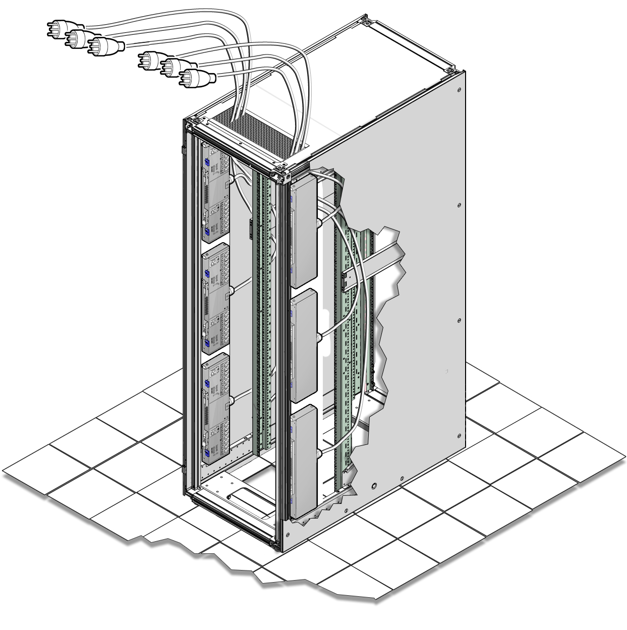 image:Figure showing how to route the compact PDU power lead cords up through the top cable window.