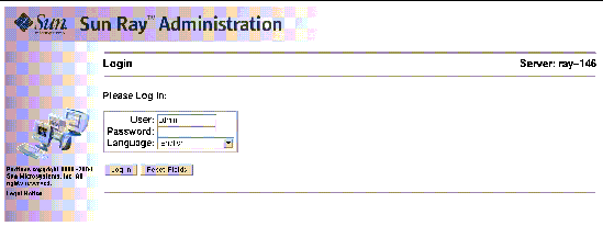 The login screen shows user "admin", a blank password field and the language drop-down displays "English". User options are to log in (press Return) or reset the fields.