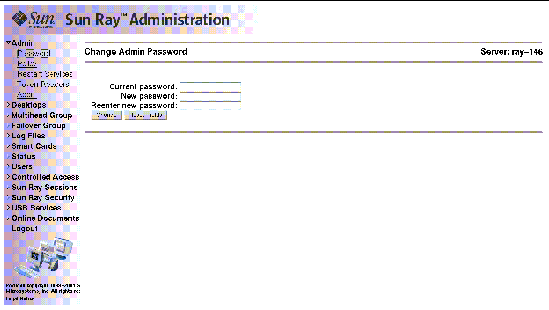 The change admin password screen has three fields: current password, new password, and reenter new password. There are two buttons: change (the default: press Return) and reset fields.
