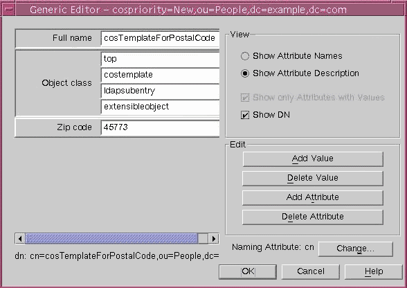 Generic Editor dialog, showing cosTemplateForPostalCode