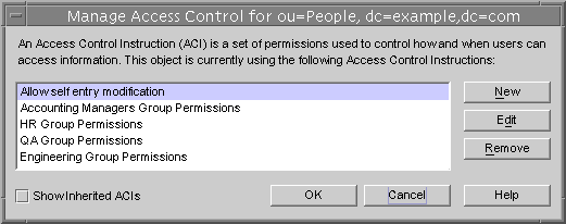Window titled Manage Access Control for ou=People,dc=example,dc=com and listing the description string of the ACIs defined on this entry