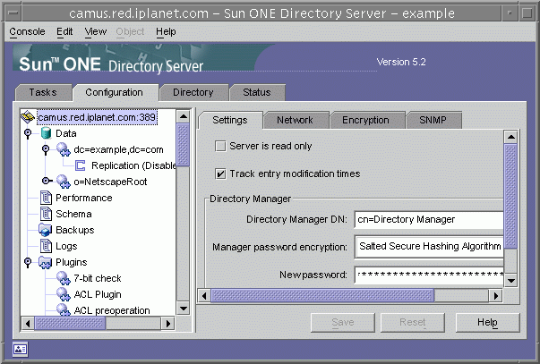Top-level Configuration tab of the Directory Server console showing as an example the Settings tab of the server configuration node