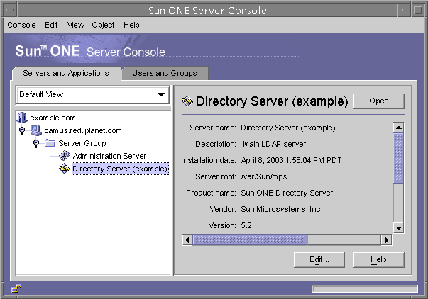 Screen capture of the Servers and Application tab of the Sun ONE Server Console, showing information in the Directory Server node