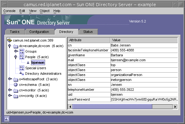 Top-level Directory tab of the Directory Server console showing the directory tree in the left-hand panel and attribute values in the right-hand panel