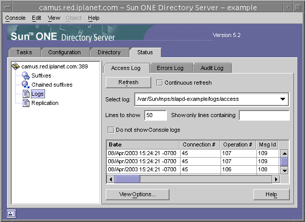 Top-level Status tab of the Directory Server console showing as an example the contents of a log file