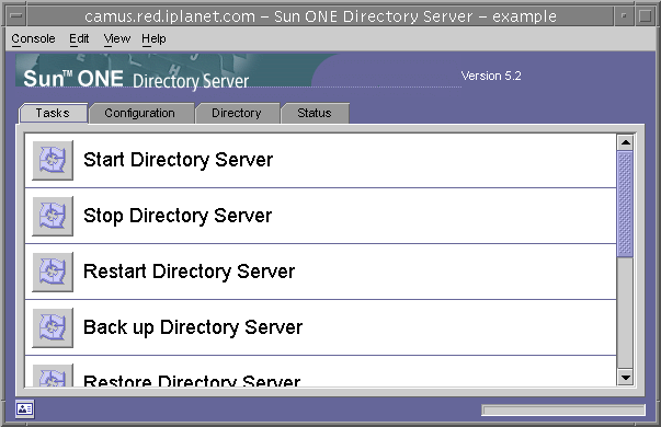 Top-level Tasks tab of the Directory Server console containing buttons to start, restart, and stop the directory server, and others