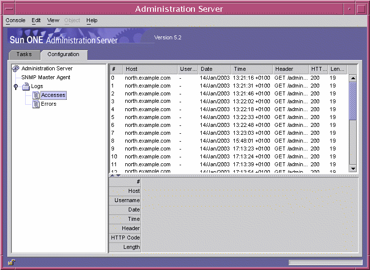 The log window offers filtered views of the server logs.
