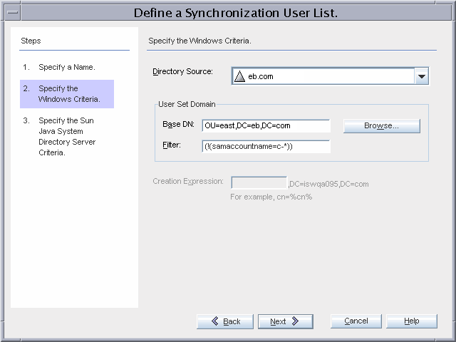 Synchronization User List Dialog Box Options