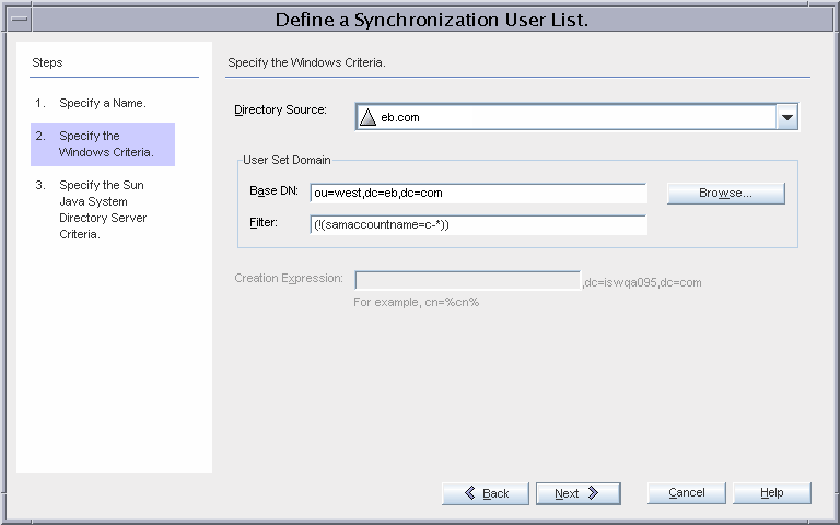 Synchronization User List Dialog Options